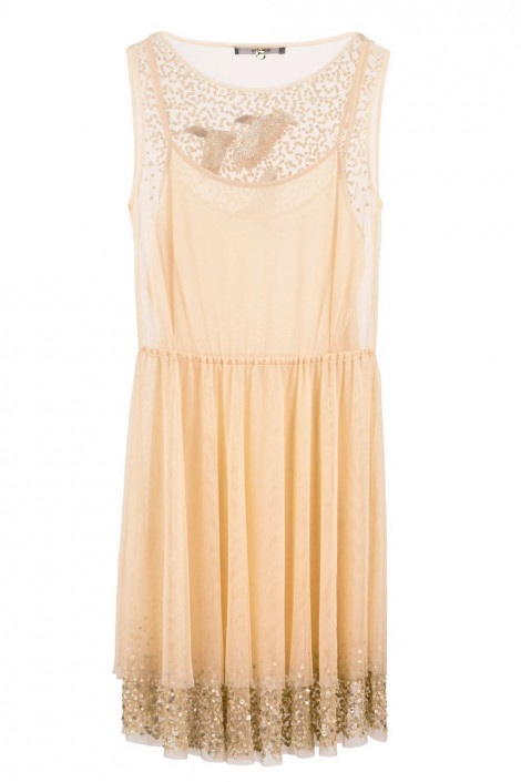 New Pearl In Town Sequined Lace Dress In Beige