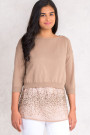 Sequined Top Twin Set With Short Cotton Jumper In Brown