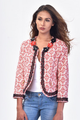 Chanel Inspired Red on White Jacquard Jacket by TENAX