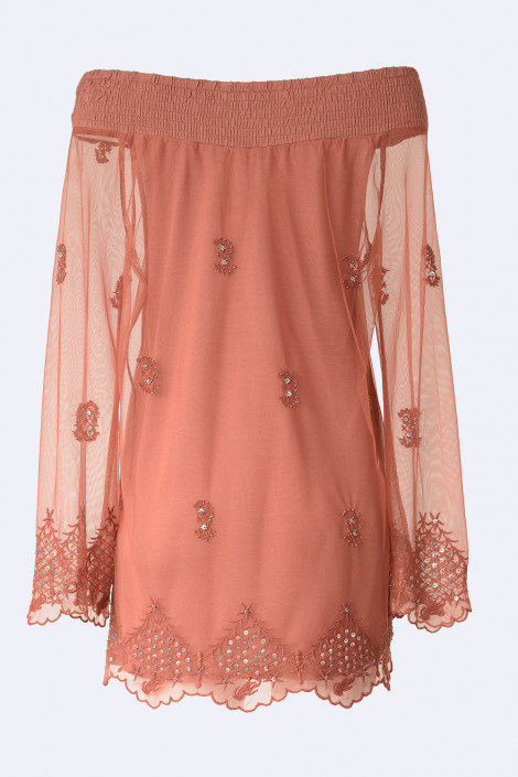 SISTE'S Bronze Embroidered Off Shoulder Lace Blouse