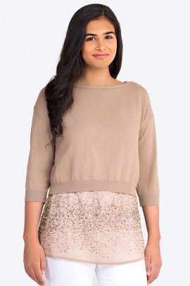 Sequined Top Twin Set With Short Cotton Jumper In Brown