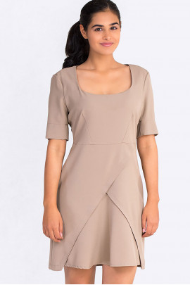 Square Neckline Dress With Mock Wrap Skirt In Brown