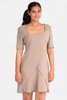 Square Neckline Dress With Mock Wrap Skirt In Brown