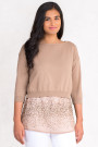 Sequined Top Twin Set With Short Cotton Jumper In Brown