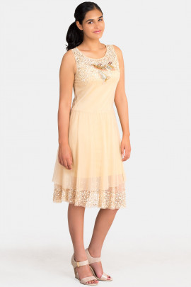 New Pearl In Town Sequined Lace Dress In Beige
