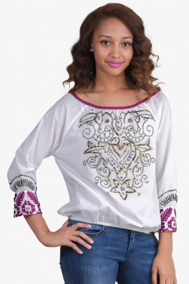 Chic Embroidery Cotton Sequinned Blouse