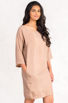 Siste's Cupro Tunic Dress with Asymmetric Pocket in Brown