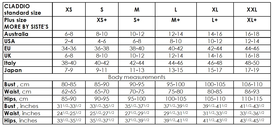 CLADDIO clothing size chart with body measurements